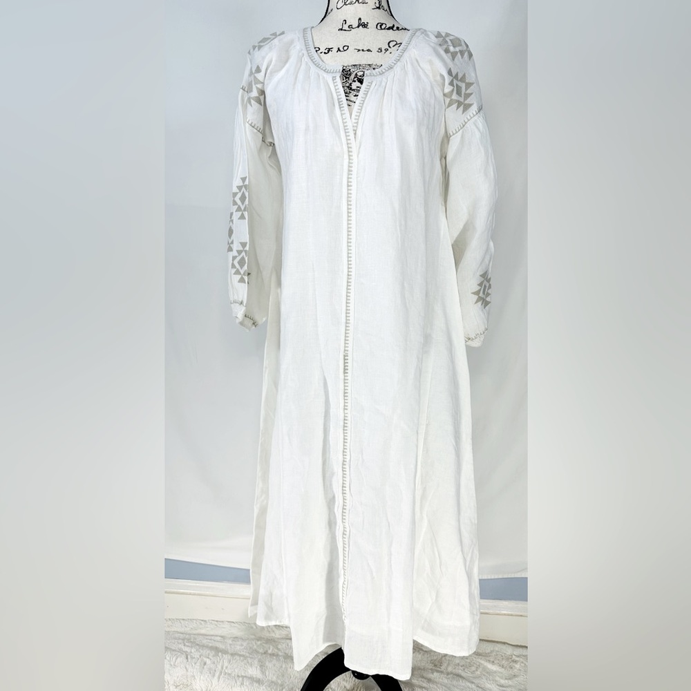 Madison Matthews Linen Dress Ivory Embroidered Maxi Small Resortwear Tunic New